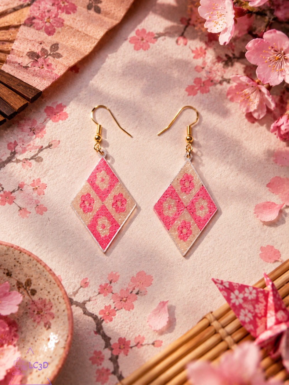 Handmade Pink Floral Diamond Drop Earrings - Women Jewelry